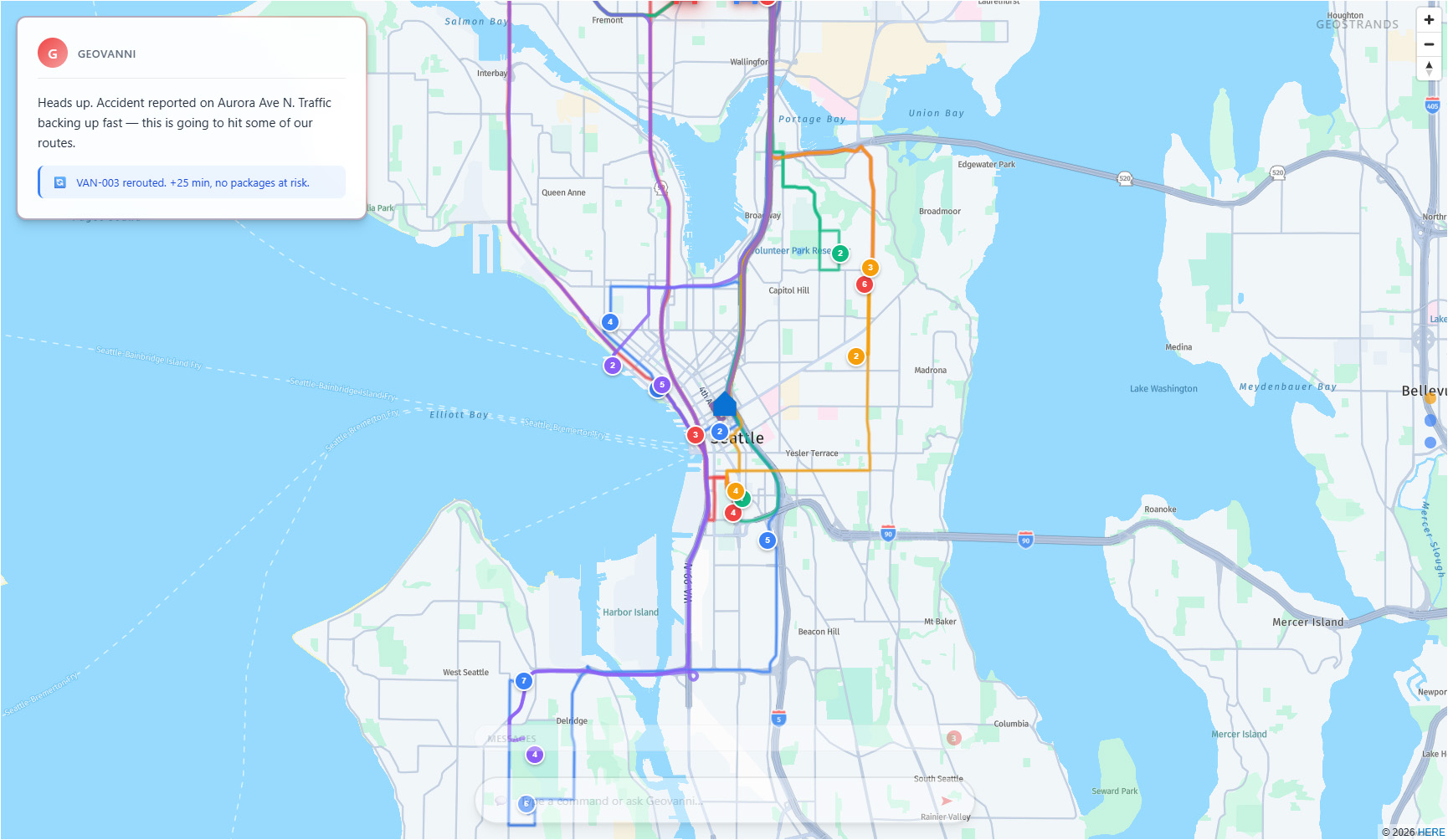 Image of a map depecting delivery routes and vehicle locations.